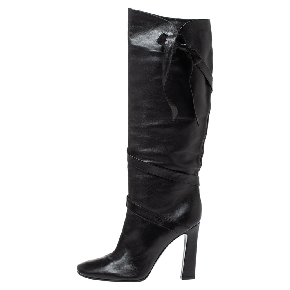 

Casadei Black Leather Wrap Strap Knee High Boots Size