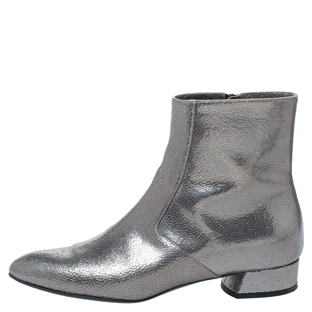 

Casadei Metallic Grey Textured Leather Ankle Boots Size