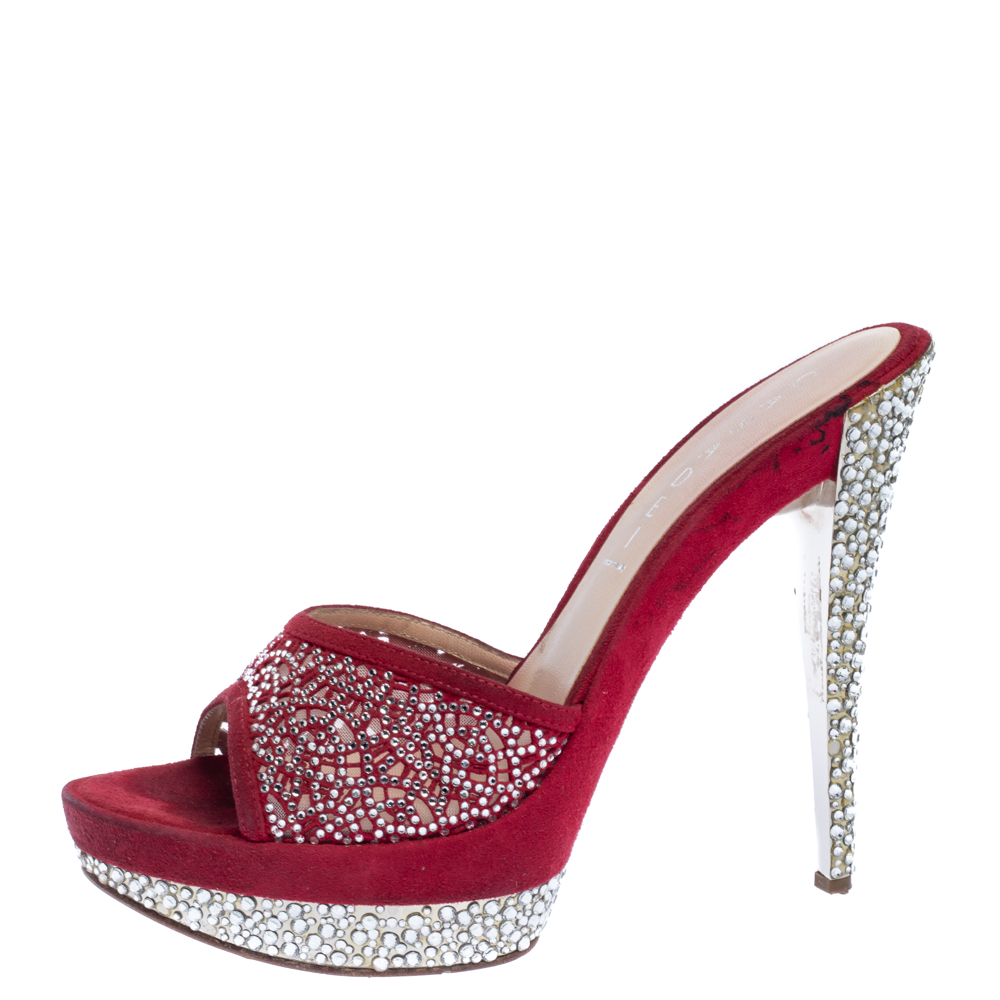 

Casadei Red Suede Crystal Embellished Open Toe Platform Slide Sandals Size