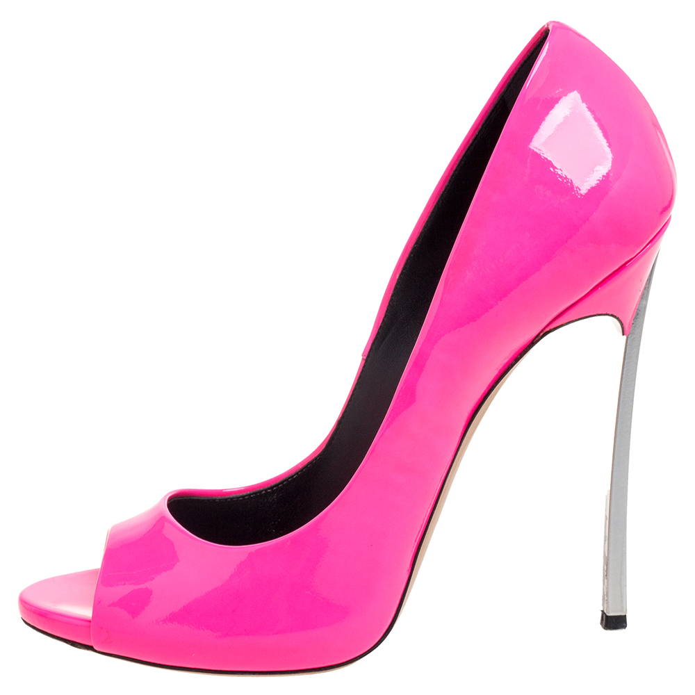 

Casadei Neon Pink Patent Leather Peep Toe Pumps Size