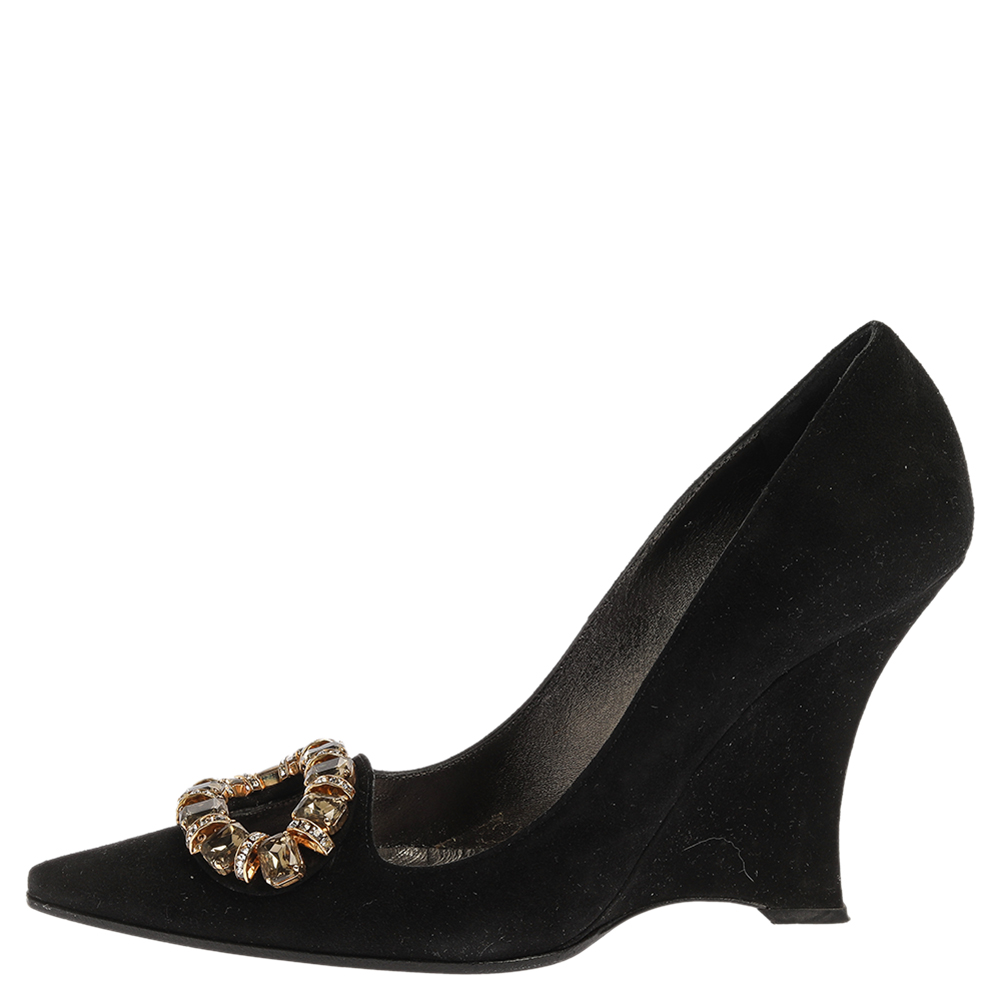 

Casadei Black Suede Crystal Embellished Pointed Toe Wedge Pumps Size