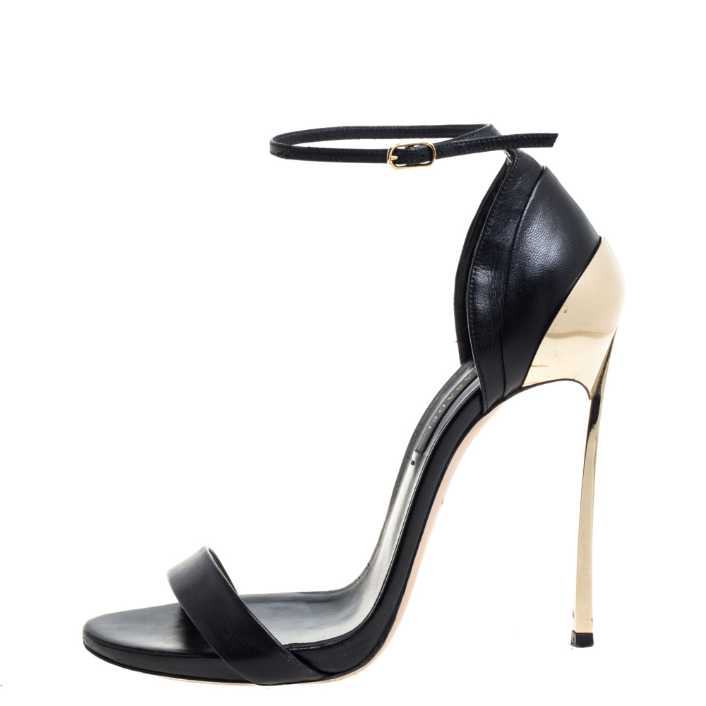 

Casadei Black/Gold Leather Metal Heels Ankle Strap Sandals Size