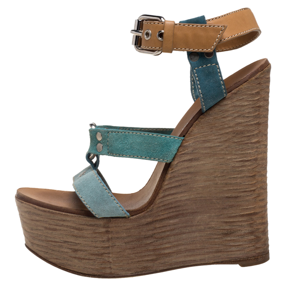 

Casadei Blue/Tan Suede And Leather Platform Ankle Strap Sandals Size