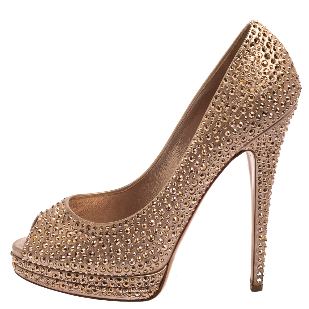 

Casadei Metallic Gold Leather Crystal Embellished Peep Toe Pumps Size