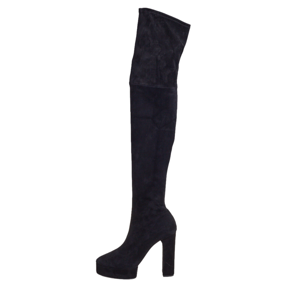Casadei Black Suede Platform Thigh High Boots Size