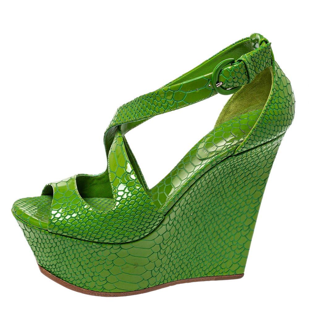 

Casadei Green Snake Embossed Leather Ankle Strap Platform Sandals Size