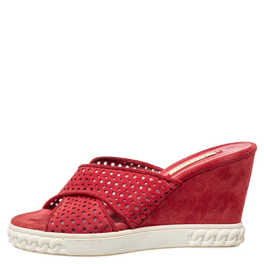 

Casadei Red Suede Perforated Wedge Sandals Size