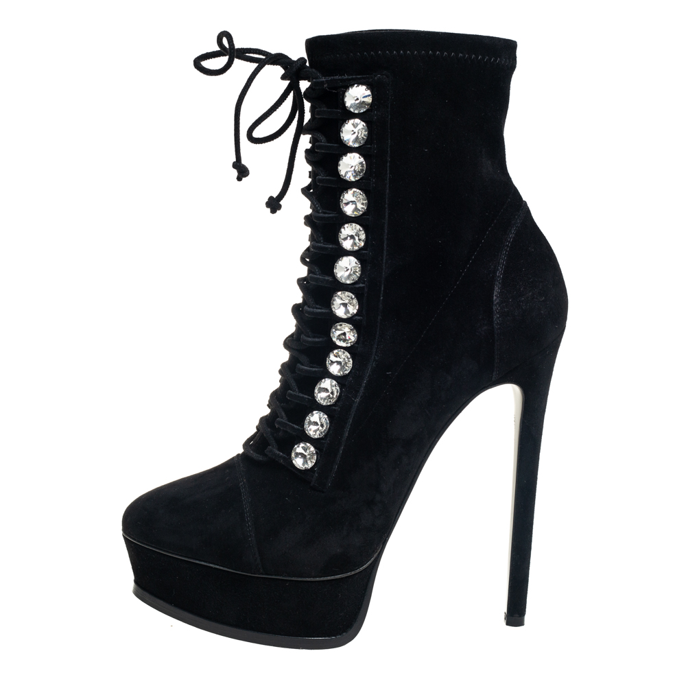 

Casadei Black Suede Crystal Embellished Platform Ankle Boots Size