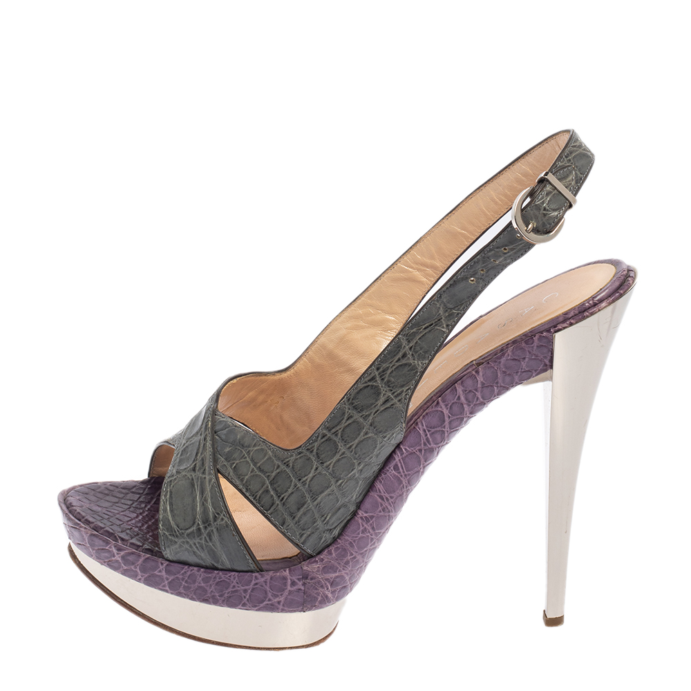 

Casadei Grey/Purple Croc Embossed Leather Cross Strap Platform Sandals Size