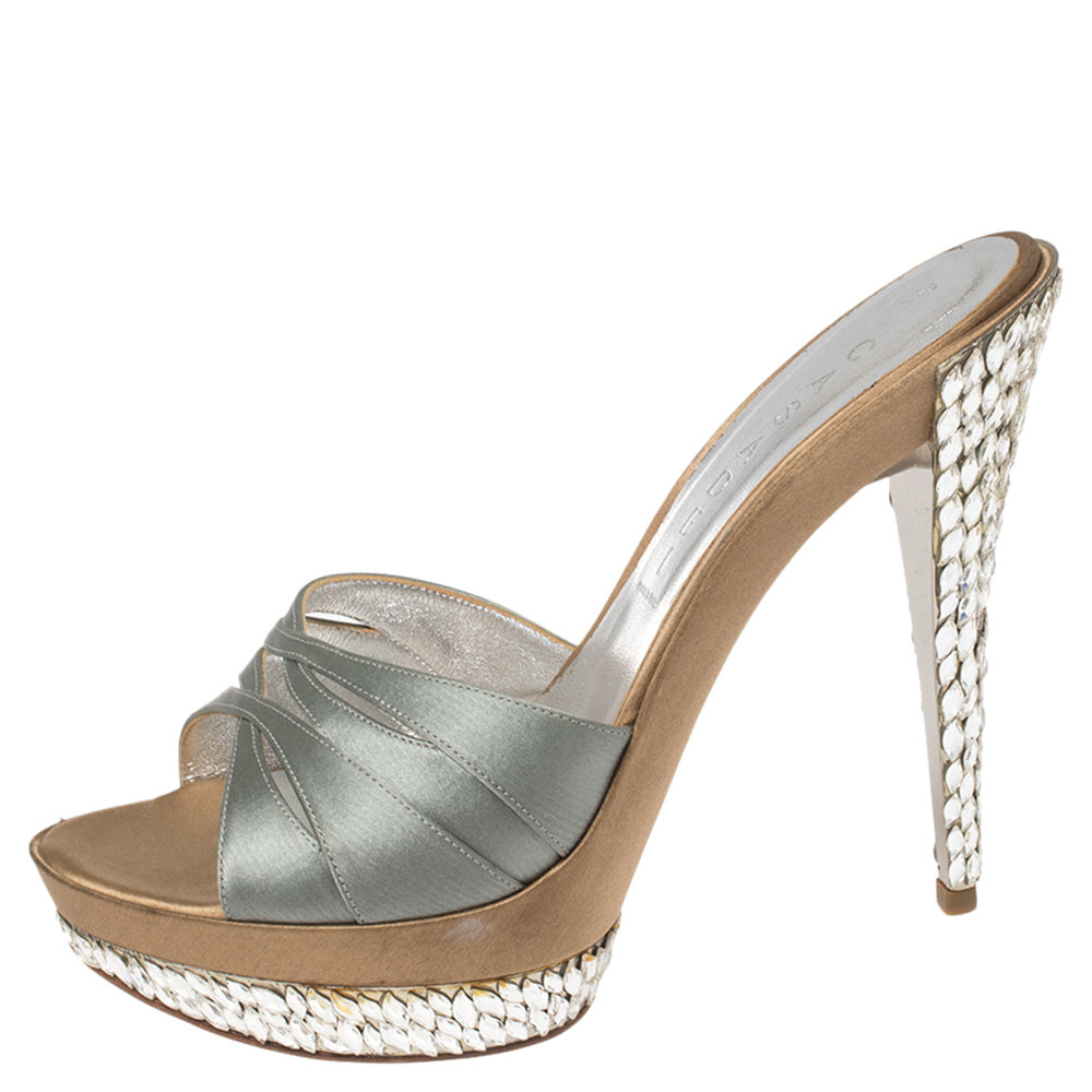 

Casadei Grey Satin Crystal Embellished Platform Open Toe Slide Sandals Size