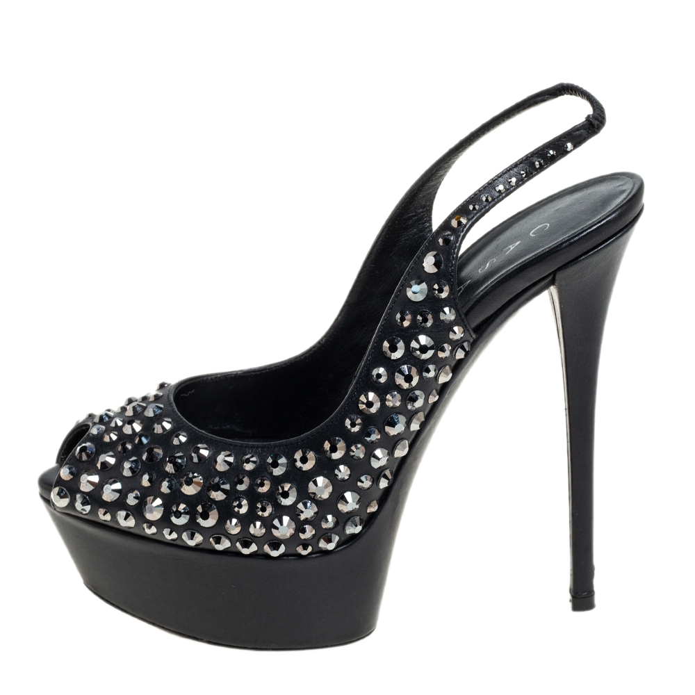 

Casadei Black Crystal Embellished Leather Platform Slingback Sandals Size