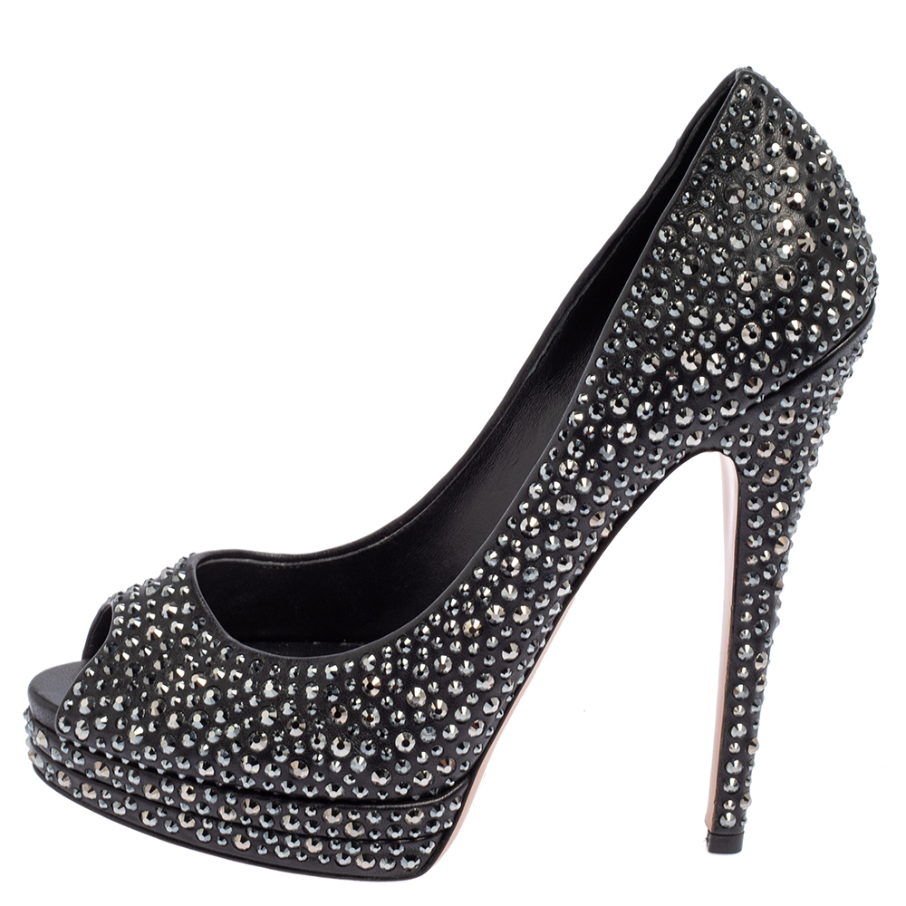 

Casadei Black Leather Embellished Peep Toe Pumps Size