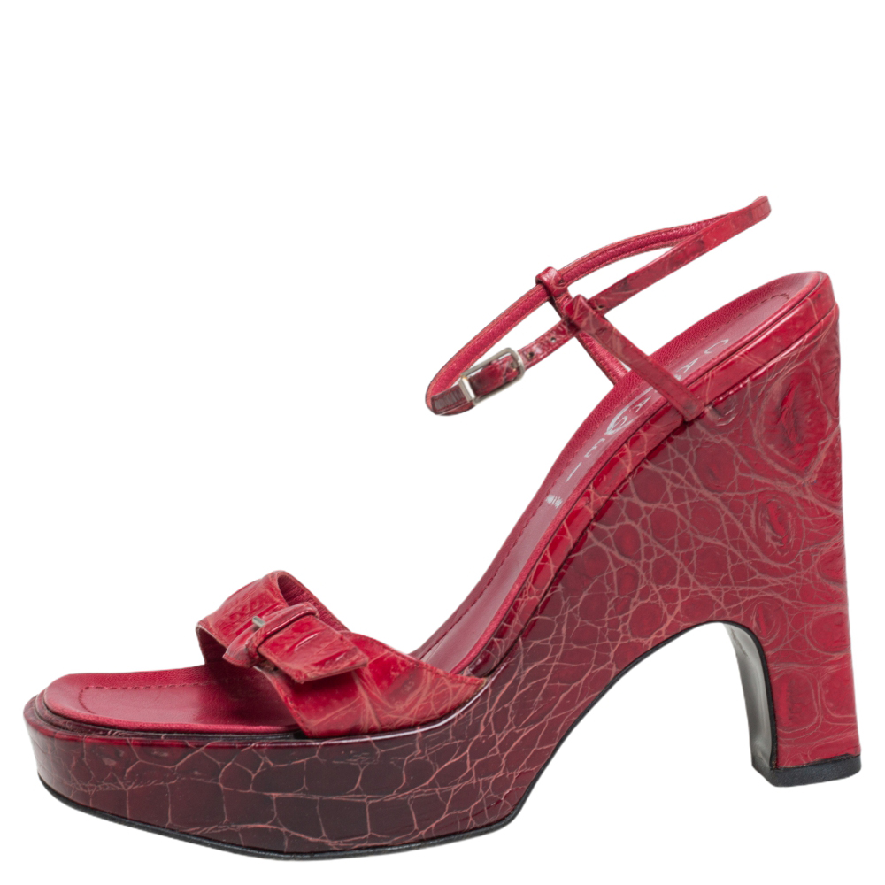 

Casadei Red Croc Embossed Leather Buckle Detail Open Toe Platform Ankle Strap Sandals Size