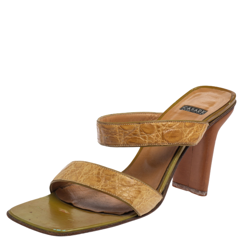 

Casadei Beige Croc Embossed Leather Square Toe Slide Sandals Size