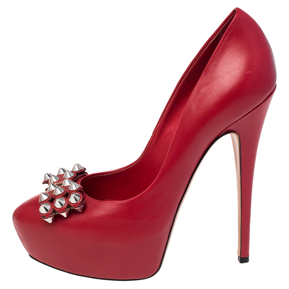 

Casadei Red Leather Studded Bow Platform Pumps Size