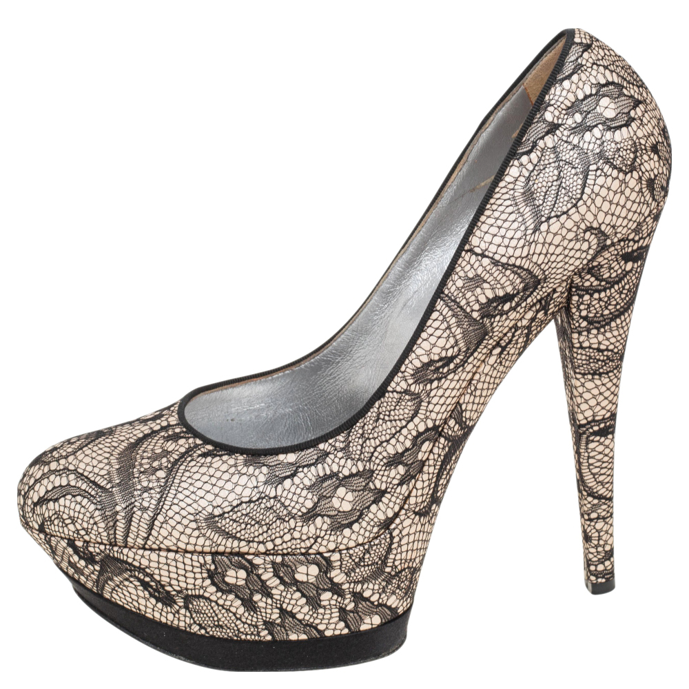 

Casadei Beige/Black Lace And Satin Round Toe Platform Pumps Size