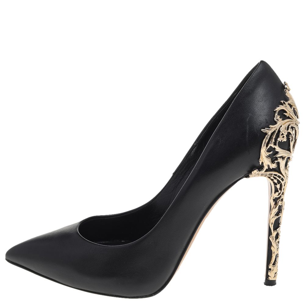 

Casadei Black Leather Embellished Heel Pointed Toe Pumps Size