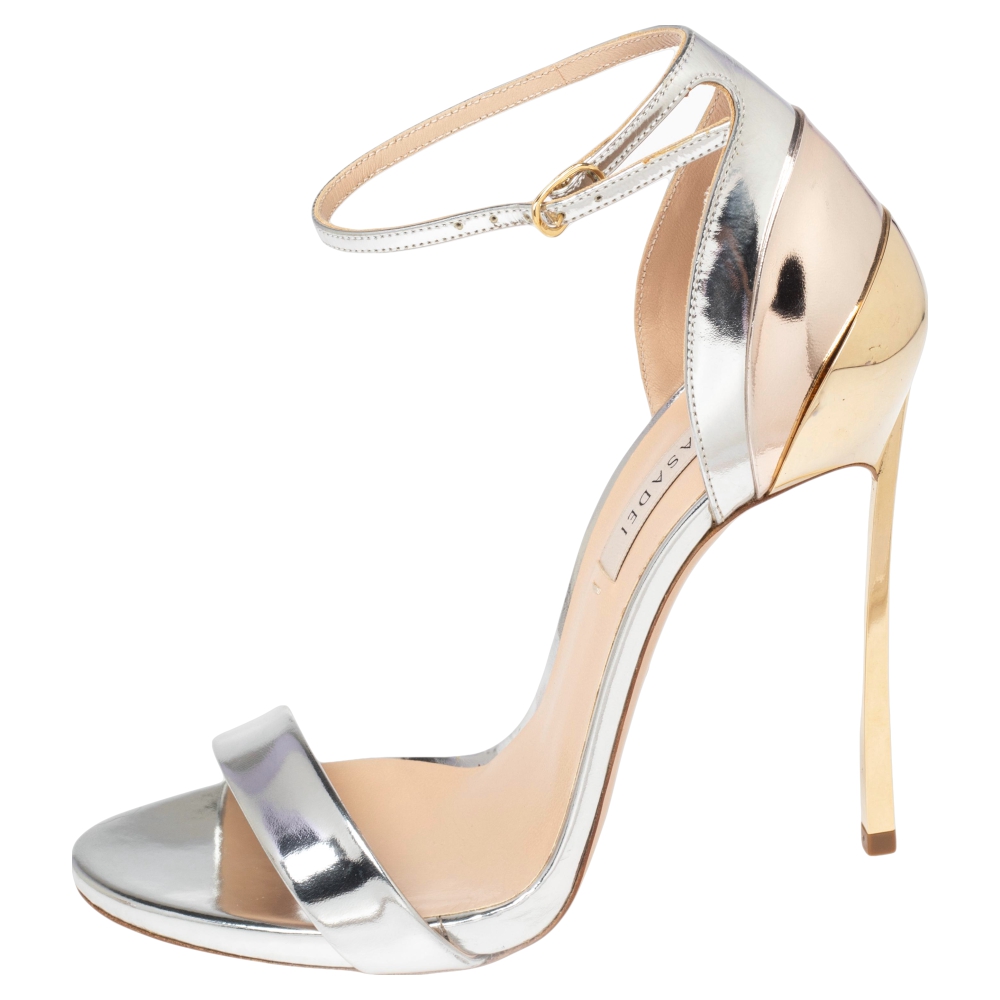 

Casadei Silver/Gold Foil Leather Techno Blade Ankle Strap Sandals Size