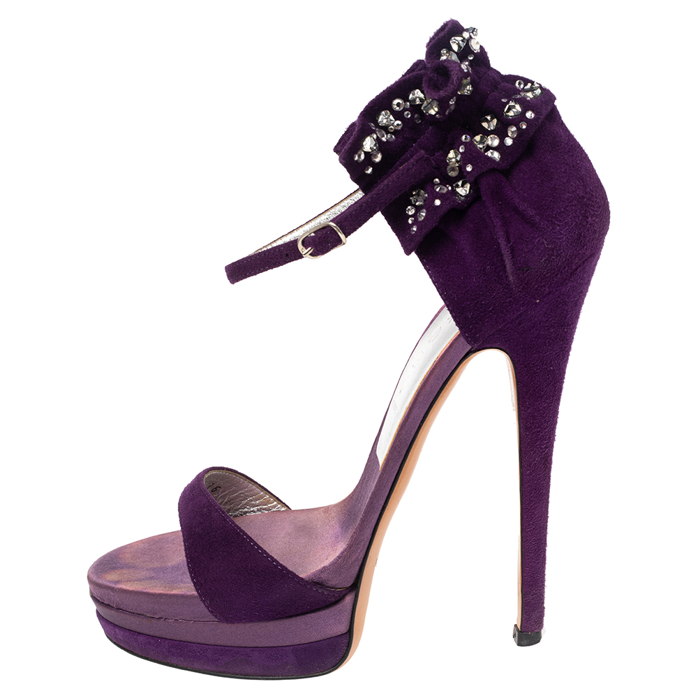

Casadei Purple Suede Crystal Embellished Ankle Wrap Platform Sandals Size