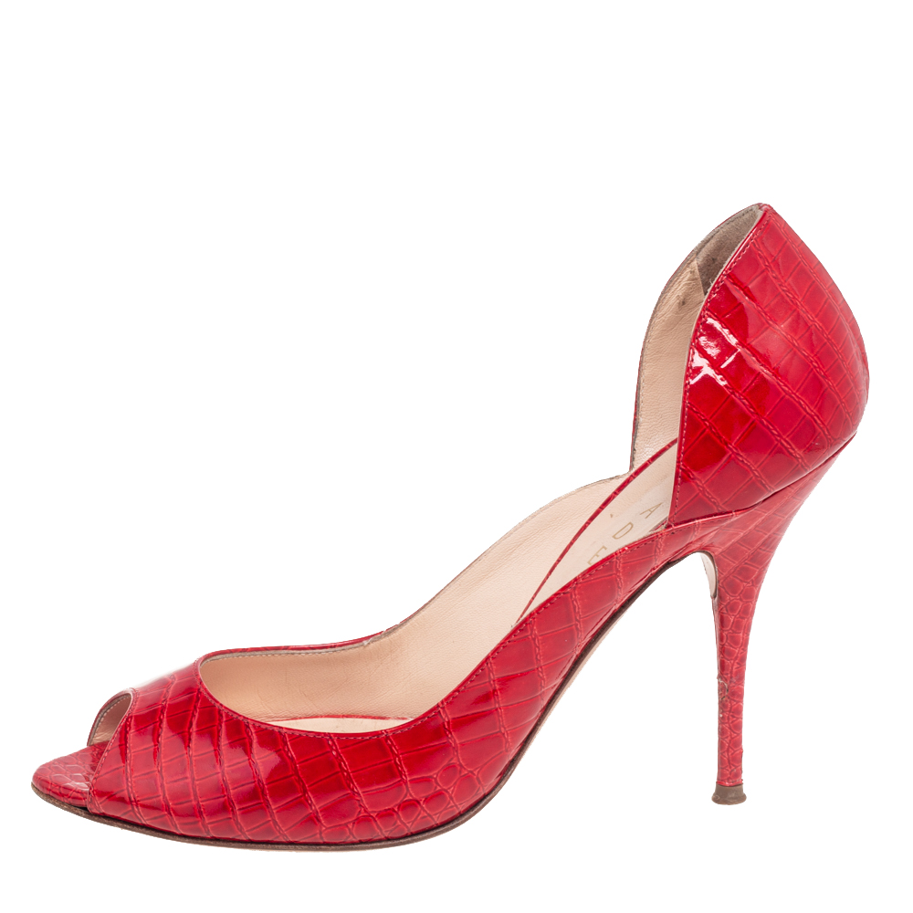 

Casadei Red Croc Embossed Leather Peep Toe Platform Pumps Size