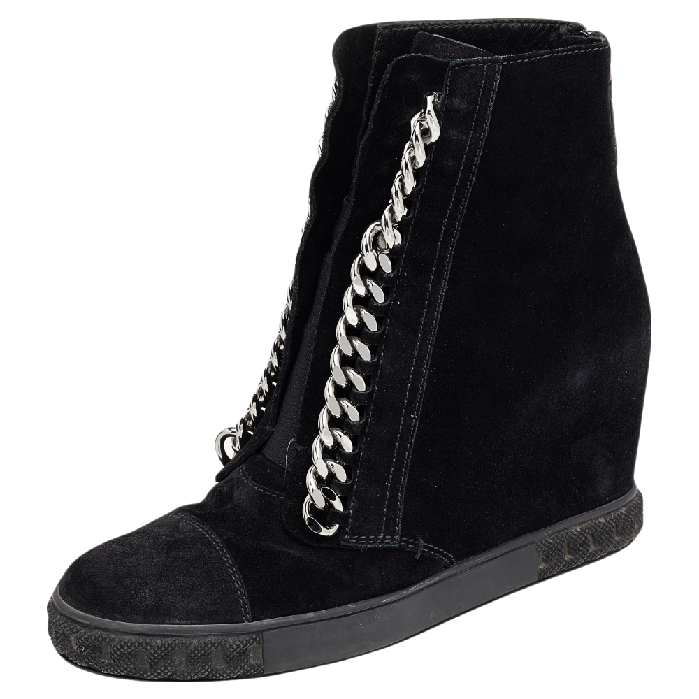 

Casadei Black Suede Chain Detail Wedge High Top Sneakers Size