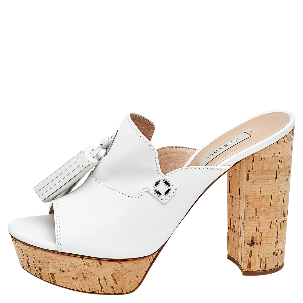

Casadei White Leather Tassel Platform Slide Sandals Size