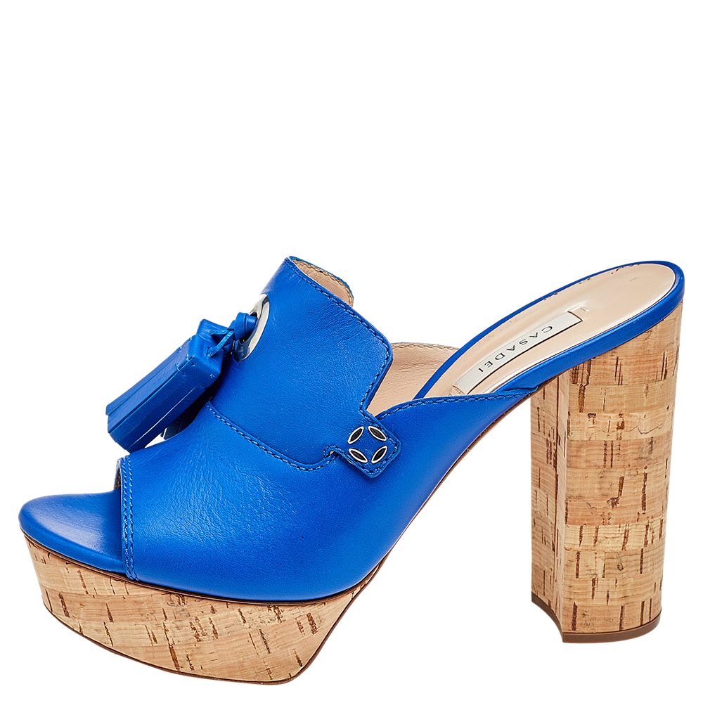 

Casadei Blue Leather Tassel Platform Slide Sandals Size