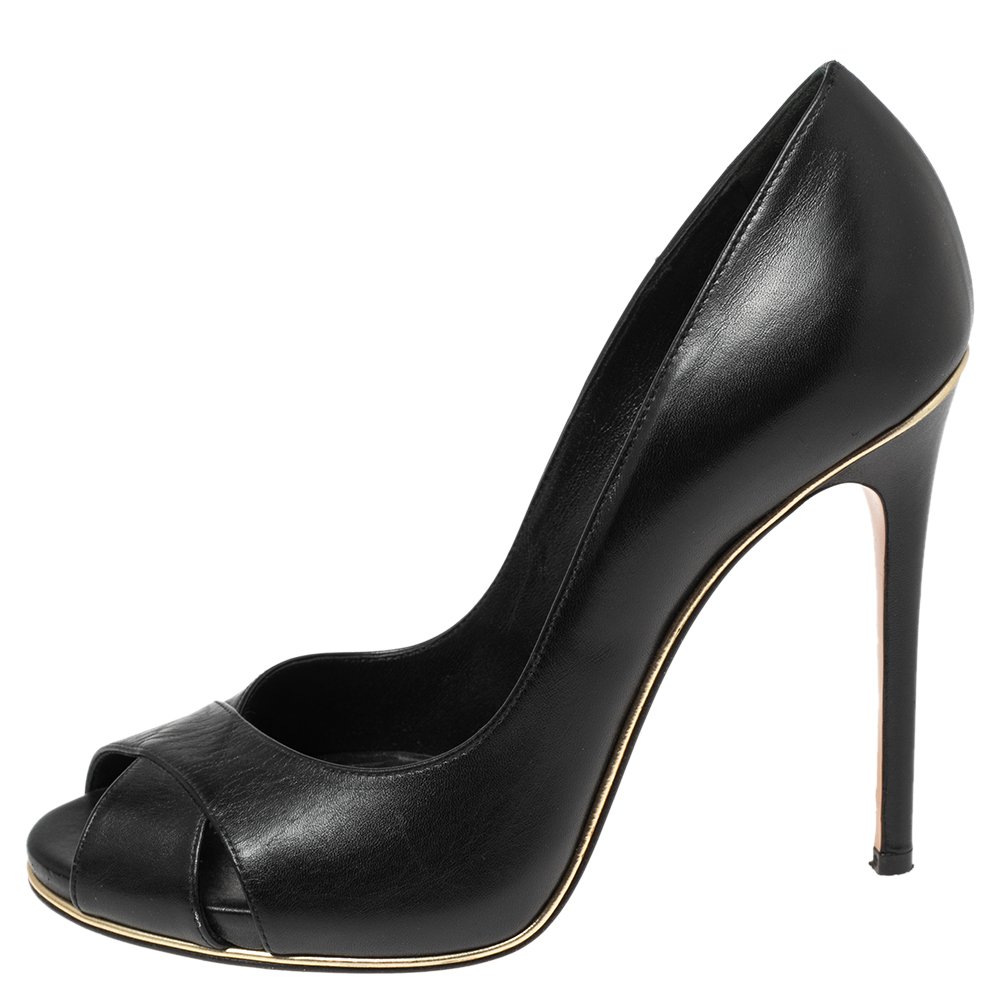 

Casadei Black Leather Crisscross Peep-Toe Pumps Size