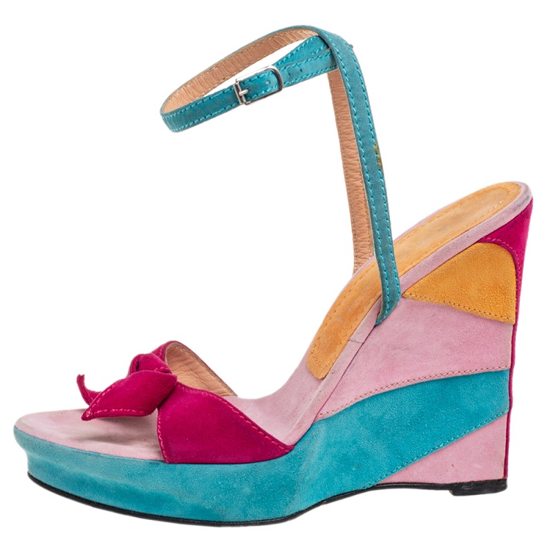 

Casadei Multicolor Suede Bow Ankle-Strap Wedge Sandals Size