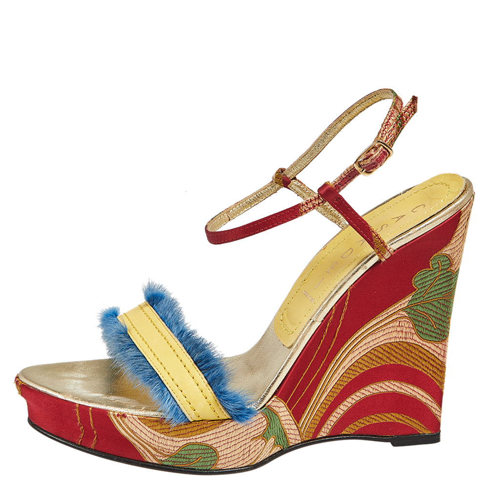 

Casadei Multicolor Satin And Leather Wedge Ankle Strap Sandals Size