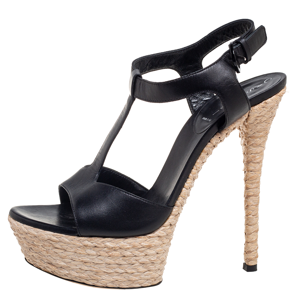 

Casadei Black Leather T-Strap Platform Espadrille Sandals Size