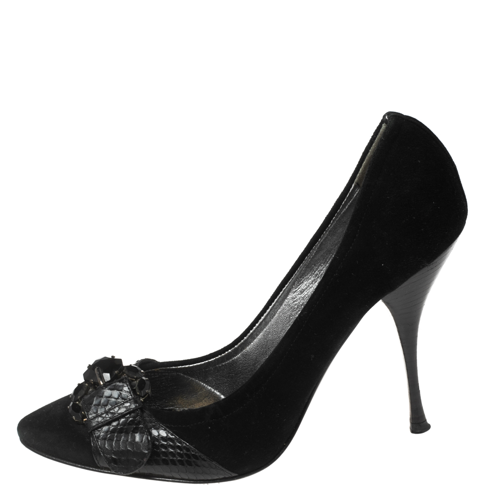 

Casadei Black Python Leather And Suede Buckle Detail Pumps Size