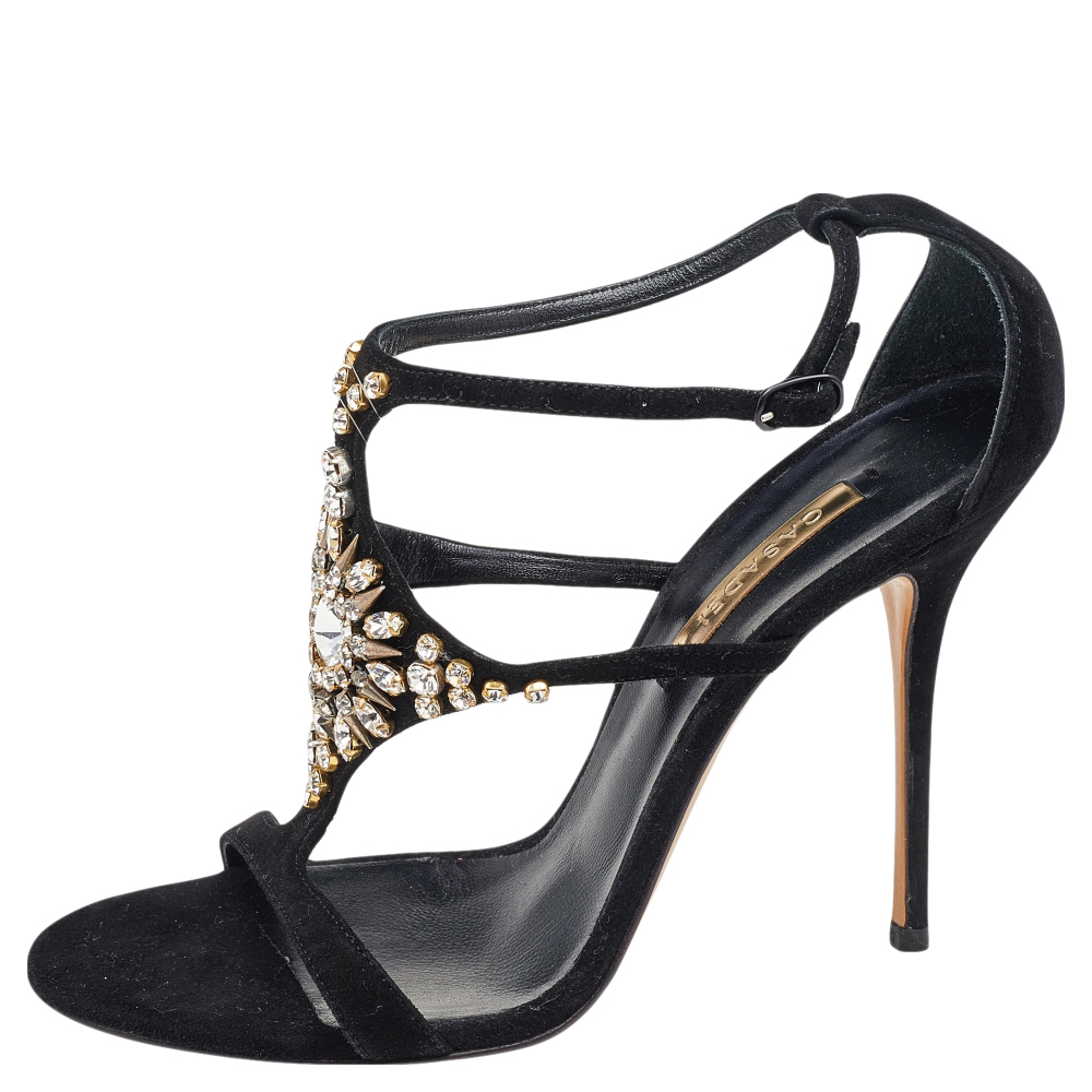 

Casadei Black Suede Crystal Embellished Ankle Strap Sandals Size