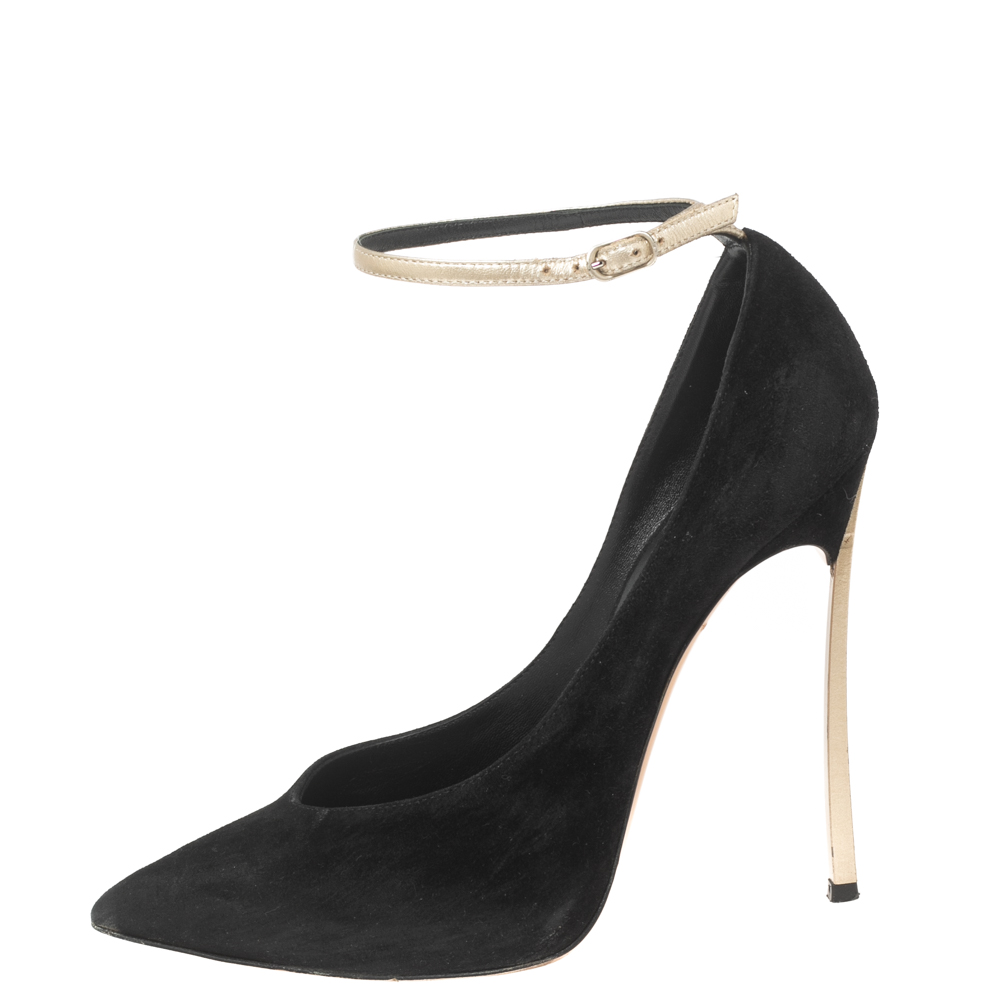 

Casadei Black Leather and Suede Ankle-Strap Pumps Size