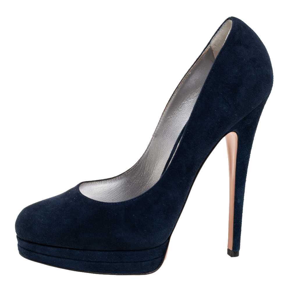 

Casadei Navy Blue Suede Round-Toe Platform Pumps Size