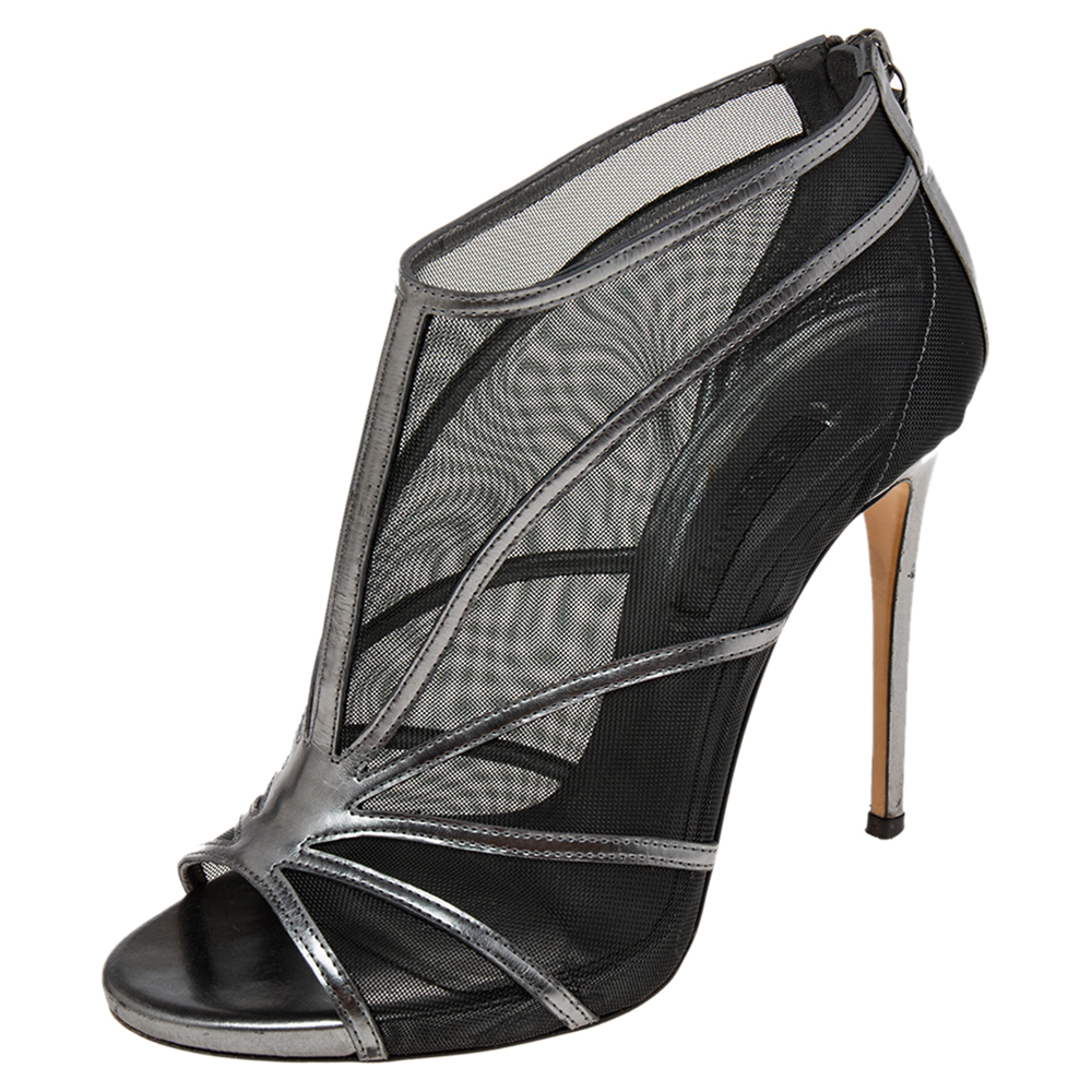 

Casadei Metallic Grey/Black Leather and Mesh Open-Toe Ankle Booties Size