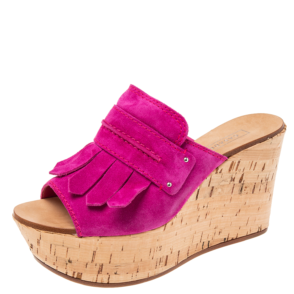 

Casadei Pink Suede Tassel Open Toe Cork Platform Wedge Sandals Size