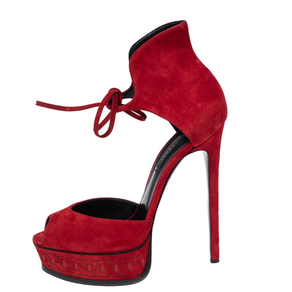 

Casadei Red Suede Peep-Toe Platform Ankle-Cuff Sandals Size