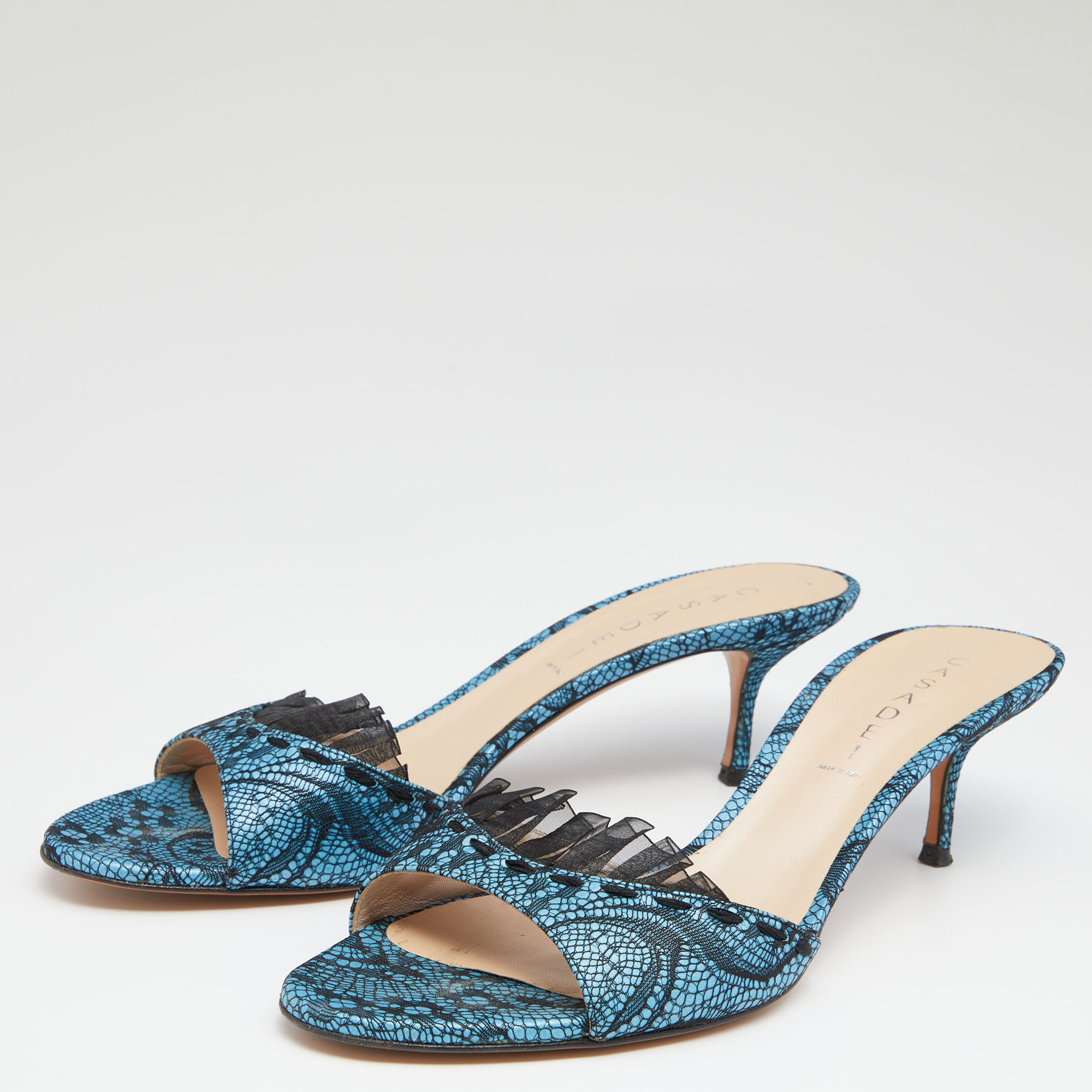 

Casadei Blue Lace Open Toe Slide Sandals Size