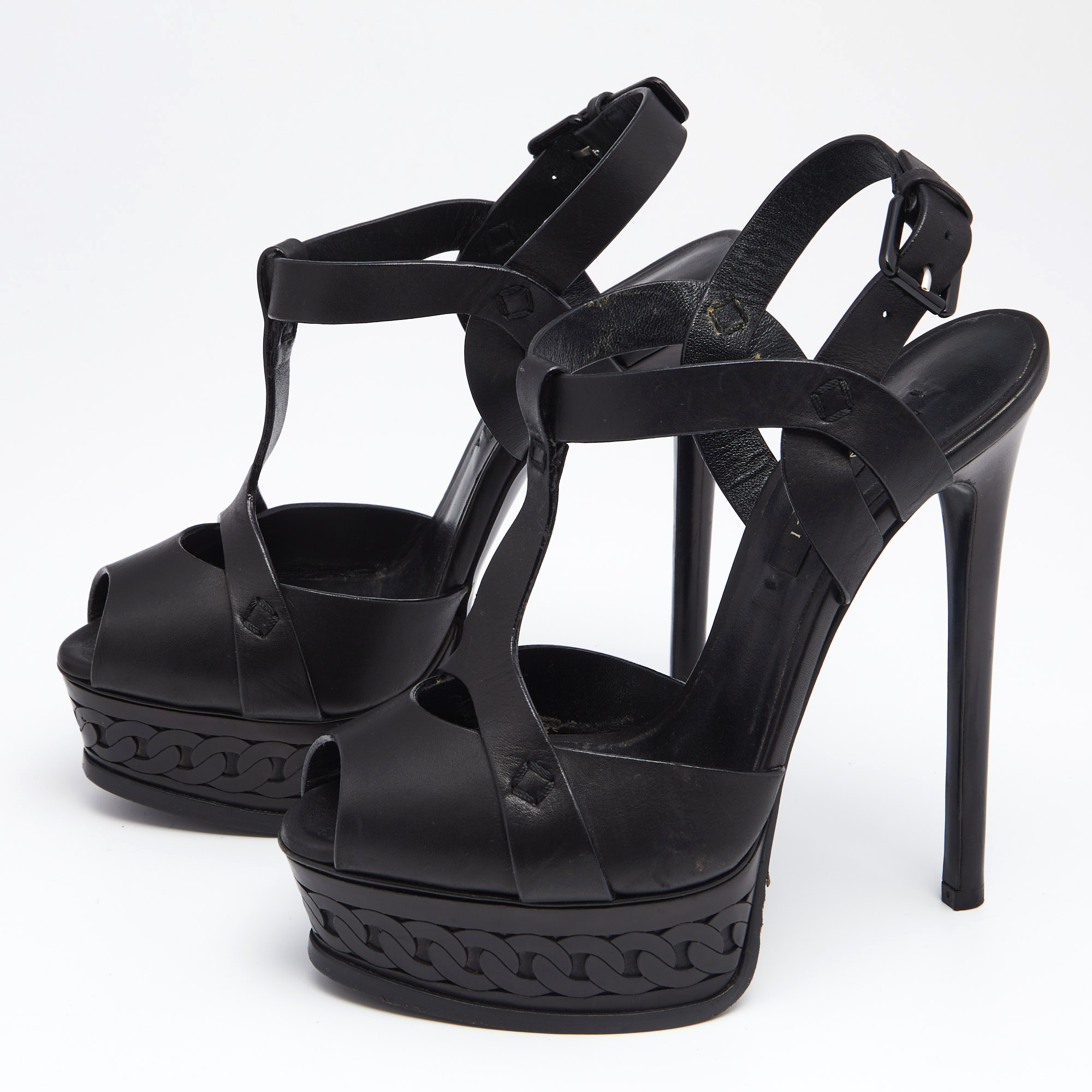 

Casadei Black Leather T-Strap Platform Sandals Size