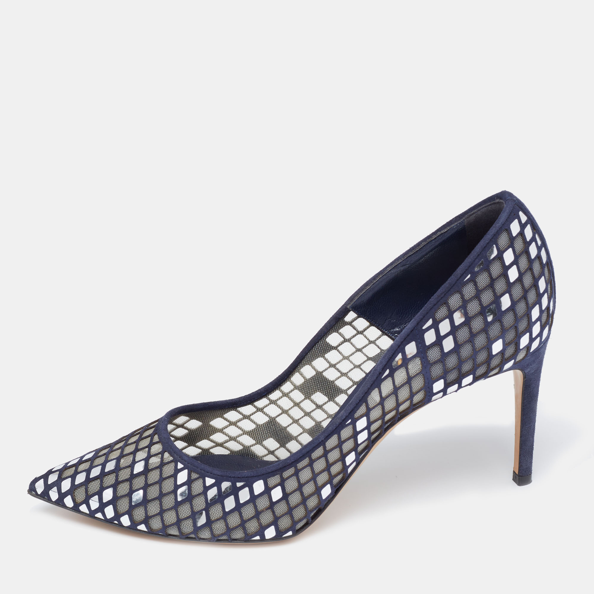 

Casadei Navy Blue Mesh And Suede Pointed Toe Pumps Size
