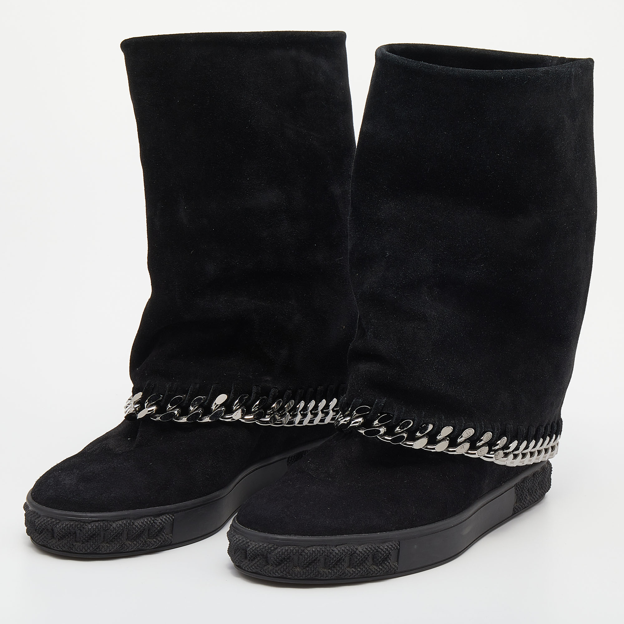 

Casadei Black Suede Wedge Chain Mid Calf Boots Size