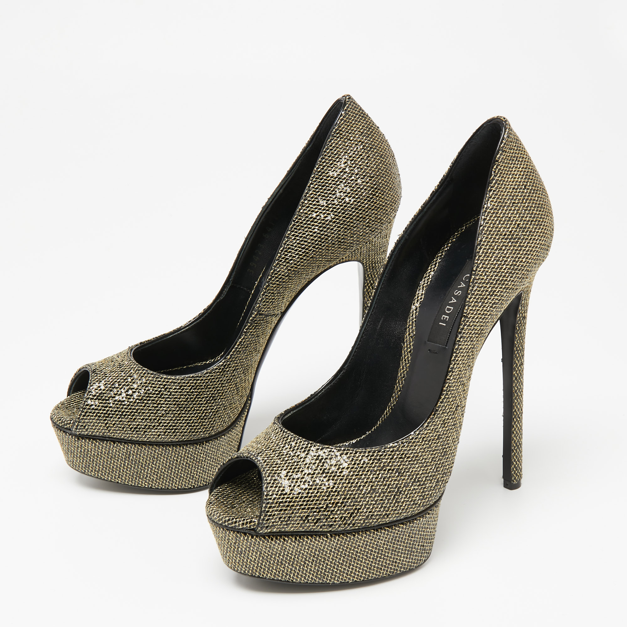 

Casadei Gold/Black Glitter Daisy Peep Toe Pumps Size