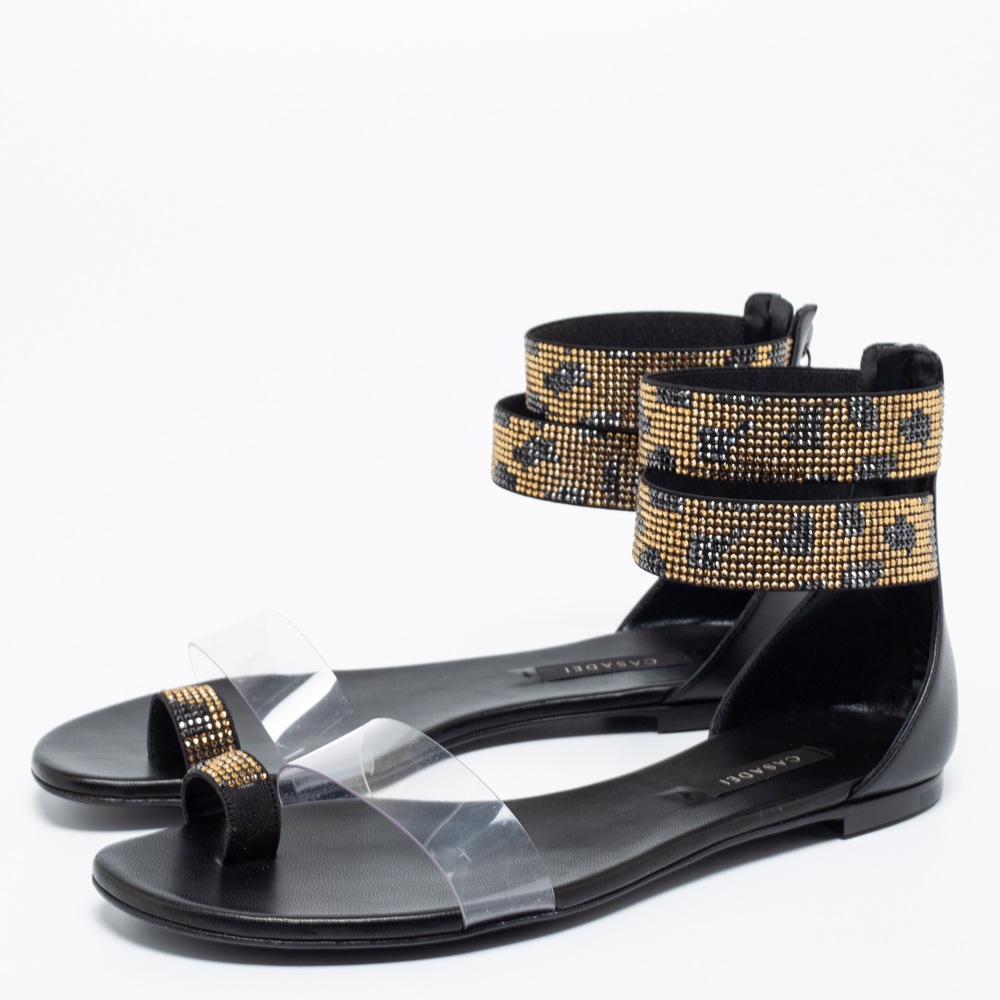 

Casadei Black/Gold Leather and PVC Ankle Cuff Flat Sandals Size