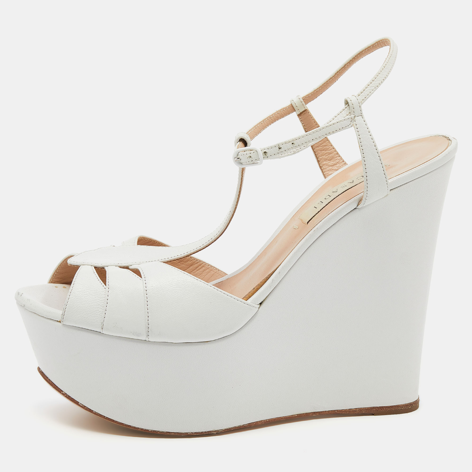 Pre-owned Casadei White Leather Wedge Platform T-strap Sandals Size 38