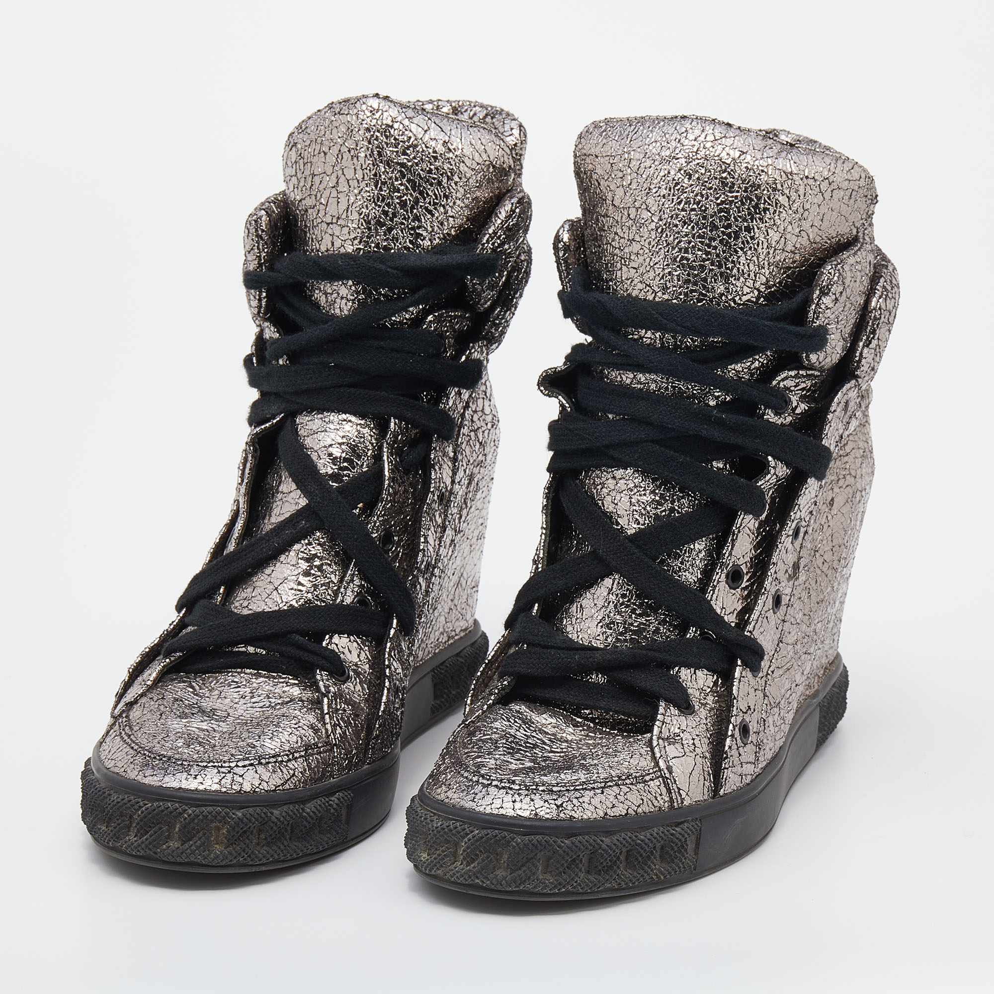 

Casadei Metallic Crackled Leather High Top Sneakers Size, Silver