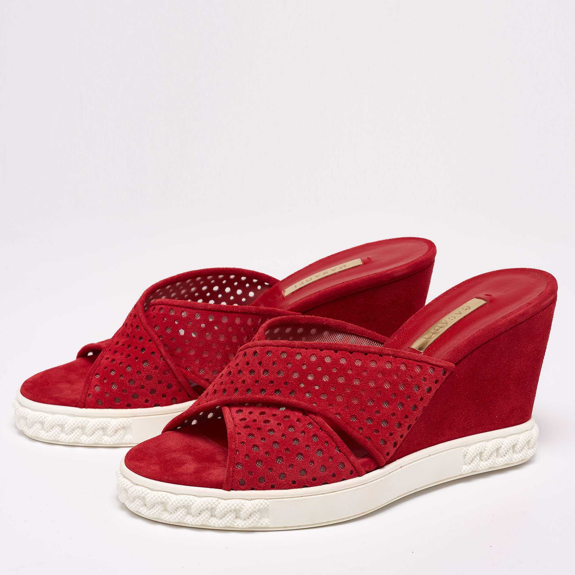 

Casadei Red Perforated Suede Criss Cross Wedge Sandals Size