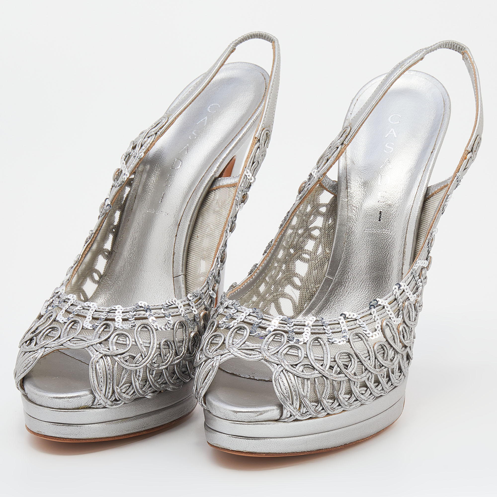 

Casadei Metallic Grey Leather Platform Slingback Sandals Size