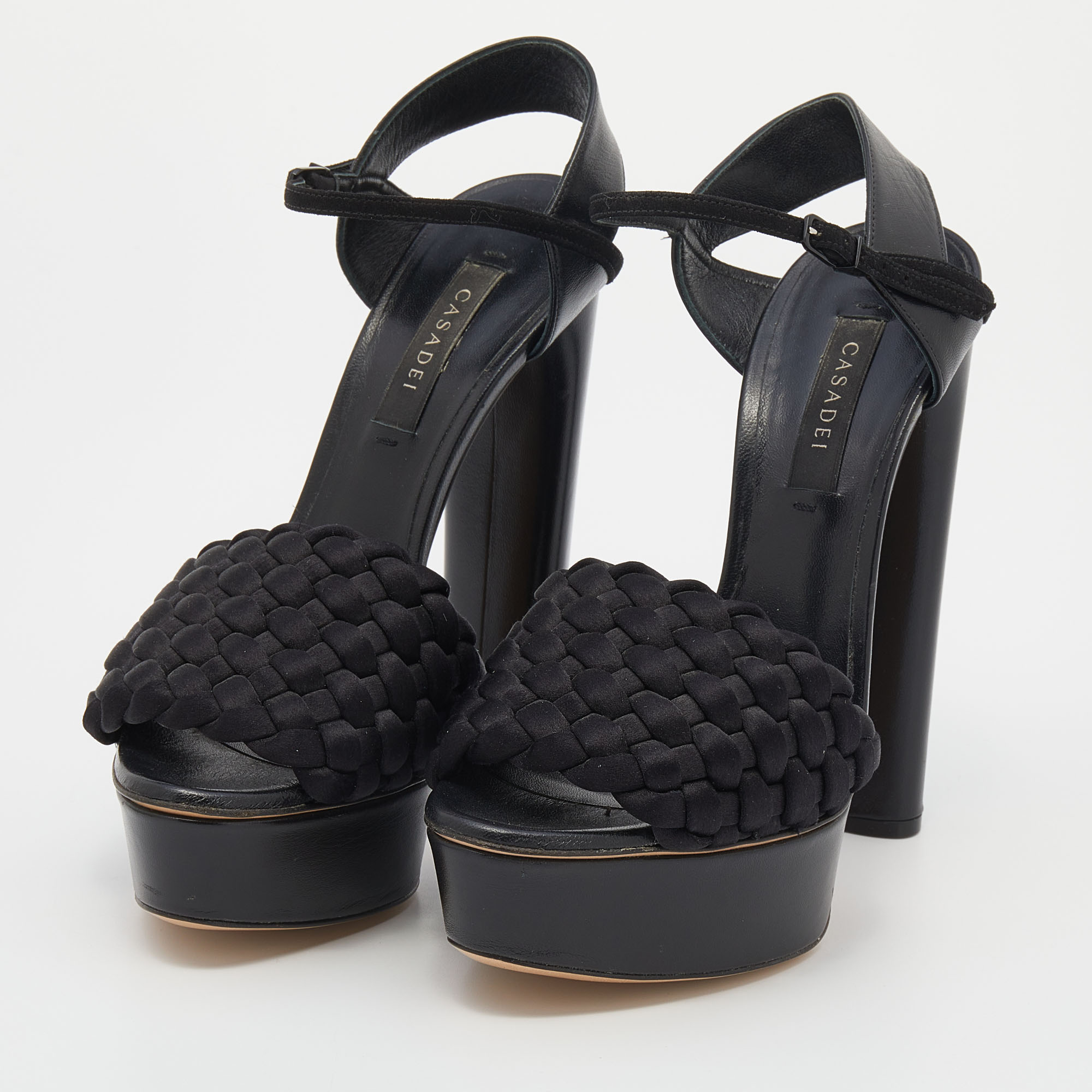 

Casadei Black Woven Satin and Leather Platform Ankle Strap Sandals Size