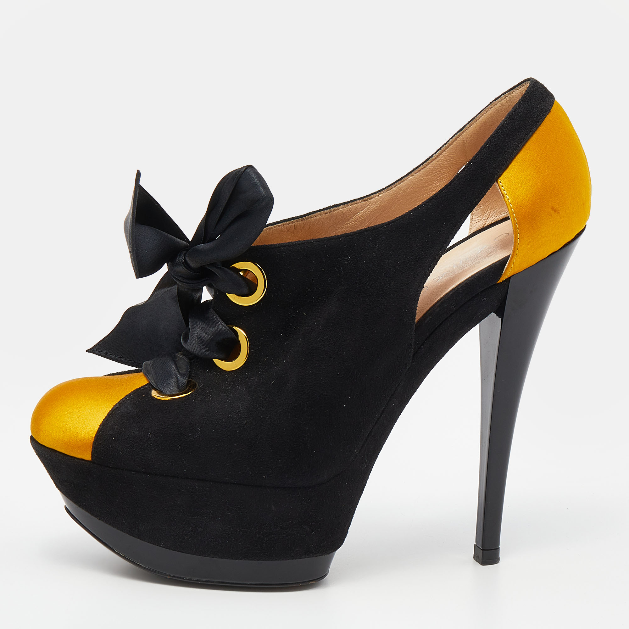 

Casadei Black/Yellow Suede And Satin Lace Up Platform Booties Size